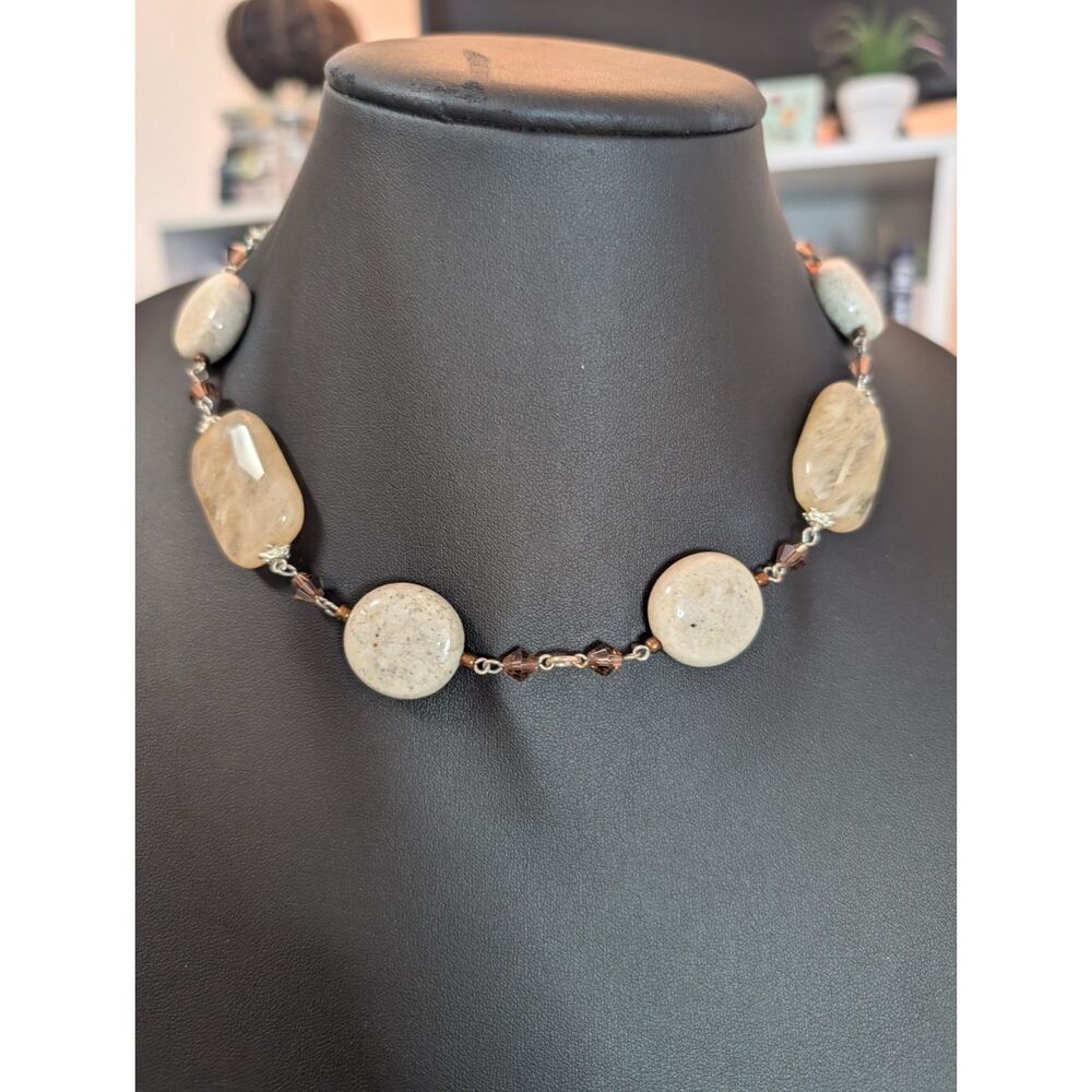Premier Designs Earthy Stone & Crystal Link Necklace, Vintage Silver Tone